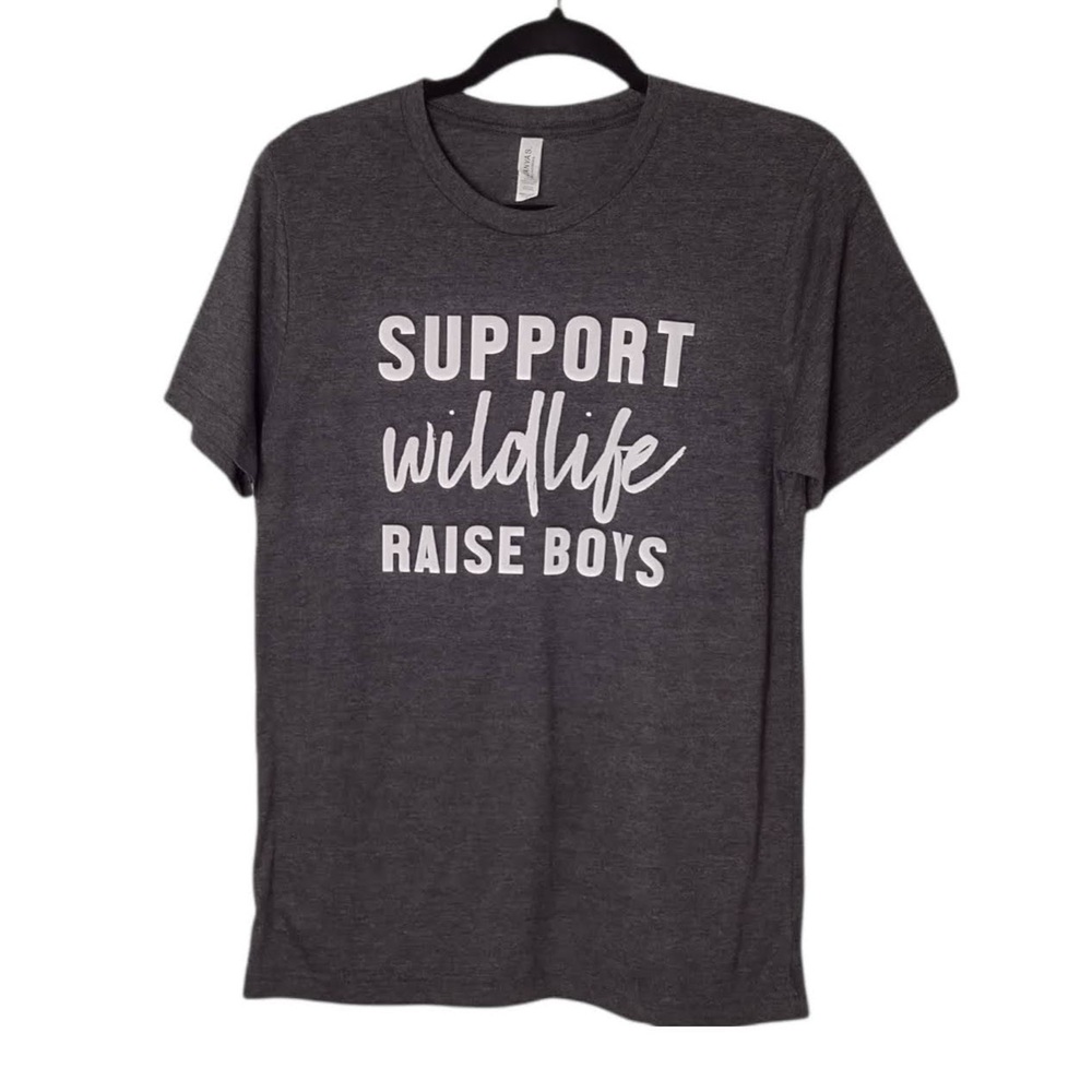 CANVAS Womens M Gray White Graphic Tee T-Shirt Top "Support Wildlife Raise Boys"